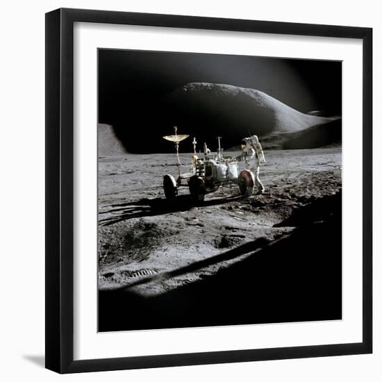 Apollo 15 Astronaut James Irwin Works at the Lunar Roving Vehicle at Hadley-Apennine Landing Site-null-Framed Photo