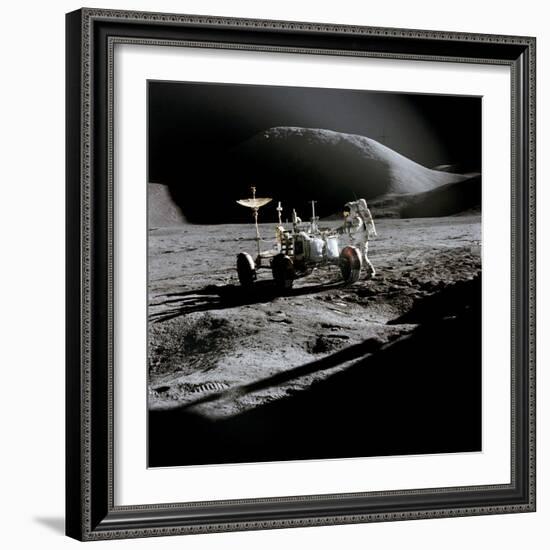 Apollo 15 Astronaut James Irwin Works at the Lunar Roving Vehicle at Hadley-Apennine Landing Site-null-Framed Photo