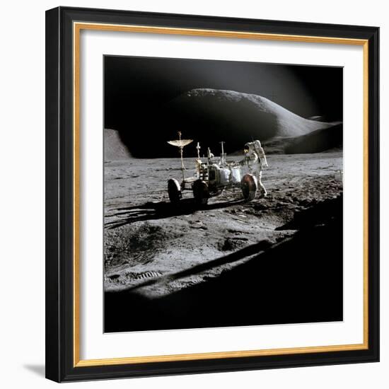 Apollo 15 Astronaut James Irwin Works at the Lunar Roving Vehicle at Hadley-Apennine Landing Site-null-Framed Photo