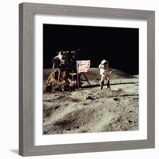 Apollo 16 Astronaut Salutes the US Flag on the Moon, July 21-24, 1971-null-Framed Photo