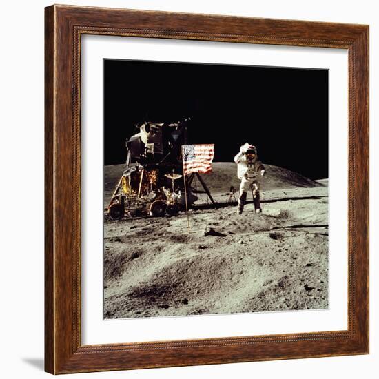 Apollo 16 Astronaut Salutes the US Flag on the Moon, July 21-24, 1971-null-Framed Photo