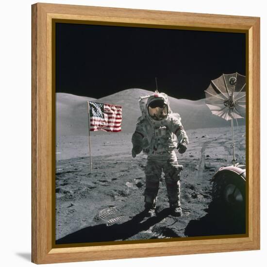 Apollo 17 Astronaut Stands Between US Flag and Lunar Rover, Dec 12, 1971-null-Framed Stretched Canvas