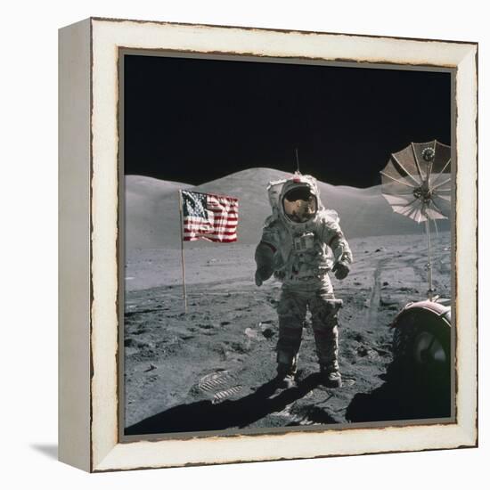 Apollo 17 Astronaut Stands Between US Flag and Lunar Rover, Dec 12, 1971-null-Framed Stretched Canvas