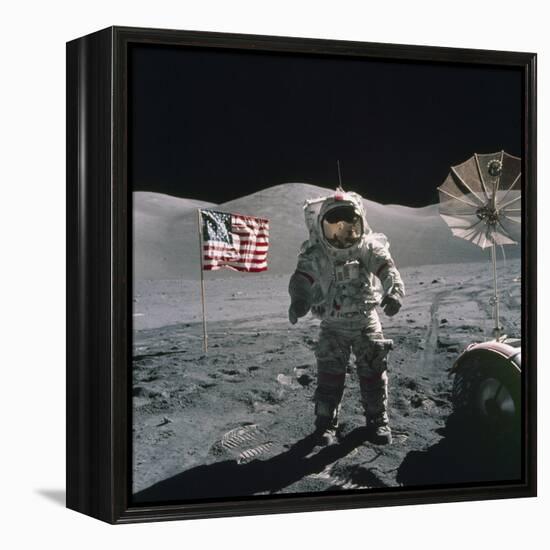 Apollo 17 Astronaut Stands Between US Flag and Lunar Rover, Dec 12, 1971-null-Framed Stretched Canvas