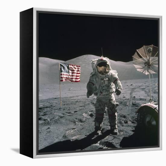 Apollo 17 Astronaut Stands Between US Flag and Lunar Rover, Dec 12, 1971-null-Framed Stretched Canvas