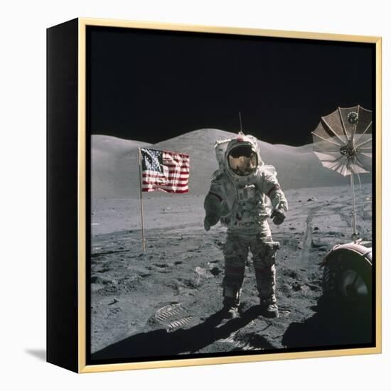 Apollo 17 Astronaut Stands Between US Flag and Lunar Rover, Dec 12, 1971-null-Framed Stretched Canvas