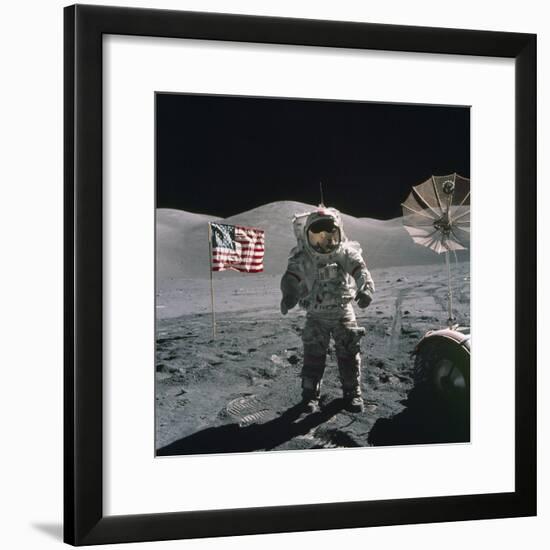 Apollo 17 Astronaut Stands Between US Flag and Lunar Rover, Dec 12, 1971-null-Framed Photo