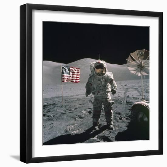 Apollo 17 Astronaut Stands Between US Flag and Lunar Rover, Dec 12, 1971--Framed Photo