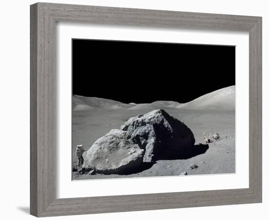 Apollo 17 Geologist-Astronaut Harrison Schmitt Standing Next to a Huge, Split Lunar Boulder-null-Framed Photo