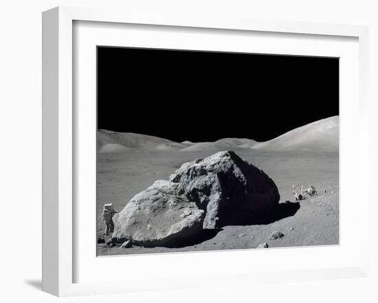 Apollo 17 Geologist-Astronaut Harrison Schmitt Standing Next to a Huge, Split Lunar Boulder-null-Framed Photo