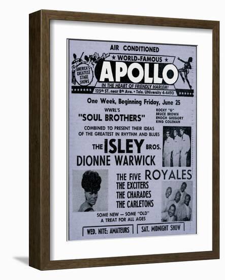 Apollo Theatre Ad: Soul Brothers, Isley Brothers, Dionne Warwick, Five Royales, Charades, Carletons-null-Framed Premium Giclee Print