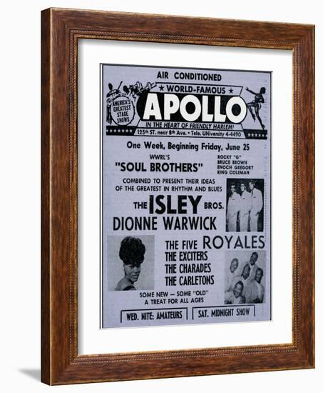 Apollo Theatre Ad: Soul Brothers, Isley Brothers, Dionne Warwick, Five Royales, Charades, Carletons-null-Framed Premium Giclee Print