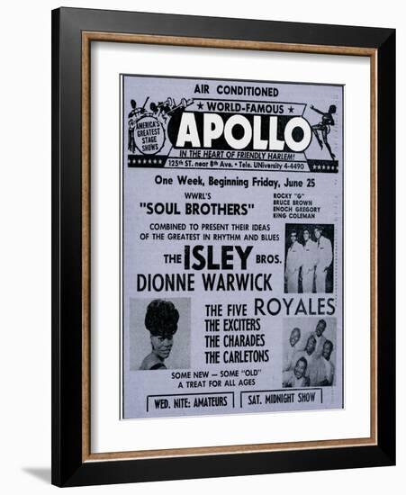 Apollo Theatre Ad: Soul Brothers, Isley Brothers, Dionne Warwick, Five Royales, Charades, Carletons-null-Framed Premium Giclee Print