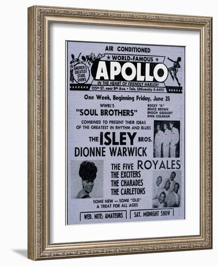 Apollo Theatre Ad: Soul Brothers, Isley Brothers, Dionne Warwick, Five Royales, Charades, Carletons-null-Framed Art Print