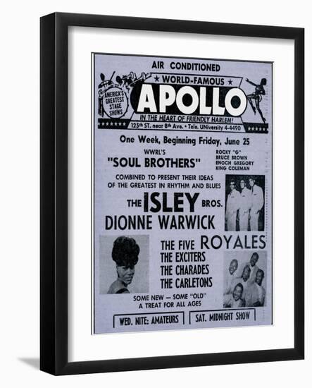 Apollo Theatre Ad: Soul Brothers, Isley Brothers, Dionne Warwick, Five Royales, Charades, Carletons-null-Framed Art Print