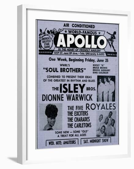 Apollo Theatre Ad: Soul Brothers, Isley Brothers, Dionne Warwick, Five Royales, Charades, Carletons-null-Framed Art Print