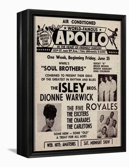 Apollo Theatre Ad: Soul Brothers, Isley Brothers, Dionne Warwick, Five Royales, Charades, Carletons-null-Framed Stretched Canvas