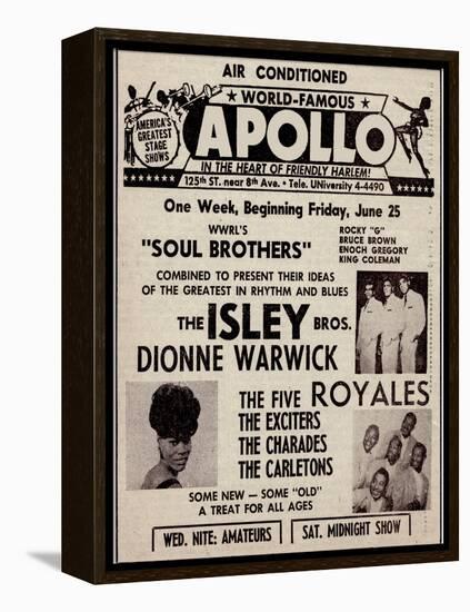 Apollo Theatre Ad: Soul Brothers, Isley Brothers, Dionne Warwick, Five Royales, Charades, Carletons-null-Framed Stretched Canvas