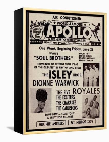 Apollo Theatre Ad: Soul Brothers, Isley Brothers, Dionne Warwick, Five Royales, Charades, Carletons-null-Framed Stretched Canvas