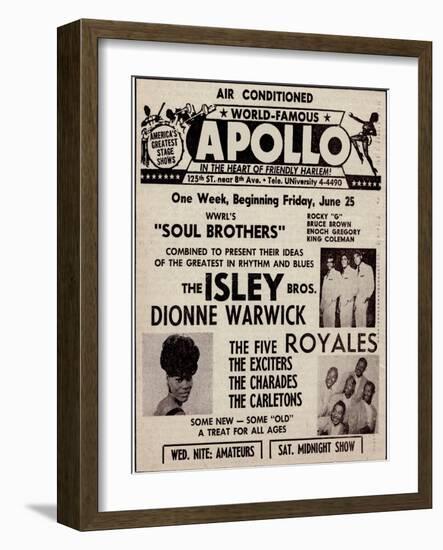Apollo Theatre Ad: Soul Brothers, Isley Brothers, Dionne Warwick, Five Royales, Charades, Carletons-null-Framed Premium Giclee Print