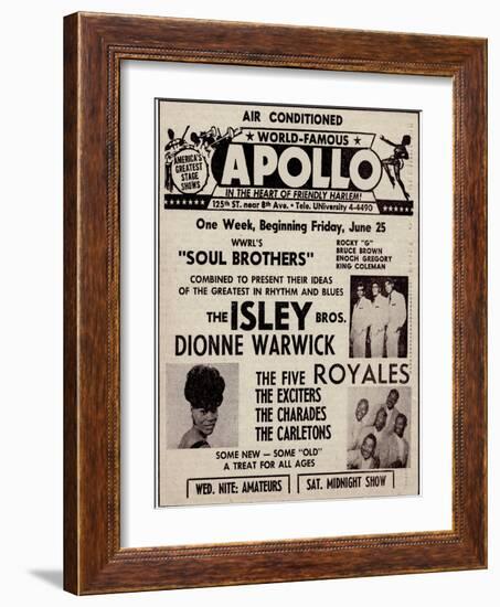 Apollo Theatre Ad: Soul Brothers, Isley Brothers, Dionne Warwick, Five Royales, Charades, Carletons-null-Framed Premium Giclee Print