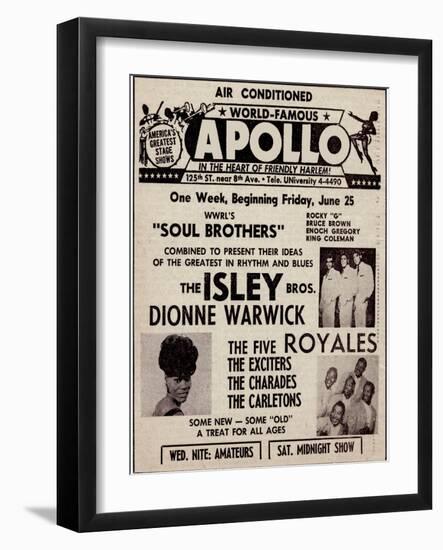 Apollo Theatre Ad: Soul Brothers, Isley Brothers, Dionne Warwick, Five Royales, Charades, Carletons-null-Framed Premium Giclee Print