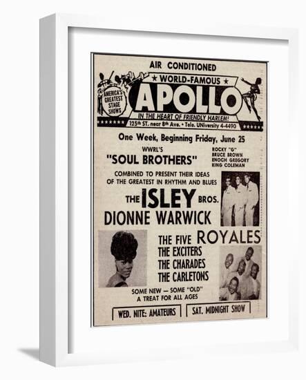 Apollo Theatre Ad: Soul Brothers, Isley Brothers, Dionne Warwick, Five Royales, Charades, Carletons-null-Framed Premium Giclee Print