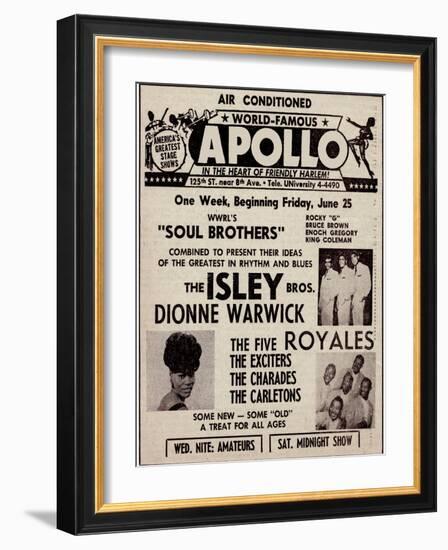 Apollo Theatre Ad: Soul Brothers, Isley Brothers, Dionne Warwick, Five Royales, Charades, Carletons-null-Framed Premium Giclee Print