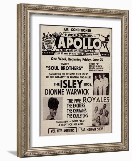 Apollo Theatre Ad: Soul Brothers, Isley Brothers, Dionne Warwick, Five Royales, Charades, Carletons-null-Framed Art Print