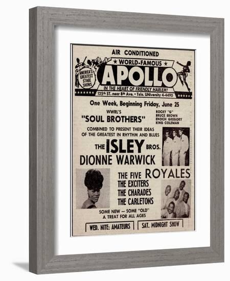 Apollo Theatre Ad: Soul Brothers, Isley Brothers, Dionne Warwick, Five Royales, Charades, Carletons-null-Framed Art Print