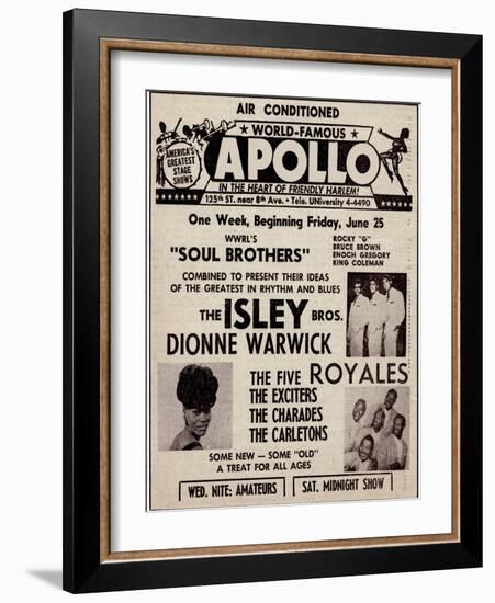 Apollo Theatre Ad: Soul Brothers, Isley Brothers, Dionne Warwick, Five Royales, Charades, Carletons-null-Framed Art Print