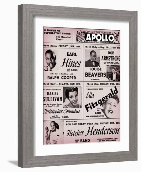 Apollo Theatre: Earl Hines, Louis Armstrong, Ella Fitzgerald, Fletcher Henderson and More-null-Framed Premium Giclee Print