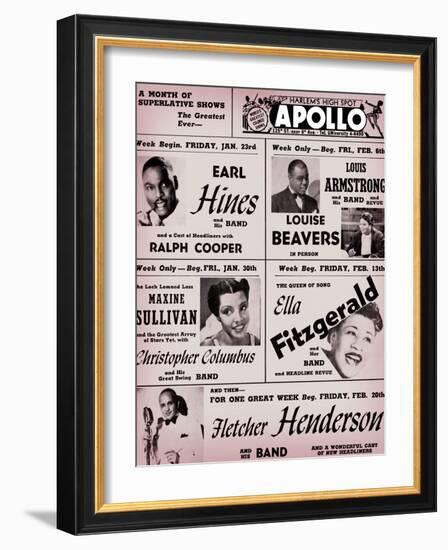 Apollo Theatre: Earl Hines, Louis Armstrong, Ella Fitzgerald, Fletcher Henderson and More-null-Framed Premium Giclee Print