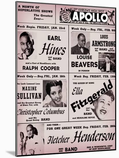 Apollo Theatre: Earl Hines, Louis Armstrong, Ella Fitzgerald, Fletcher Henderson and More-null-Mounted Art Print