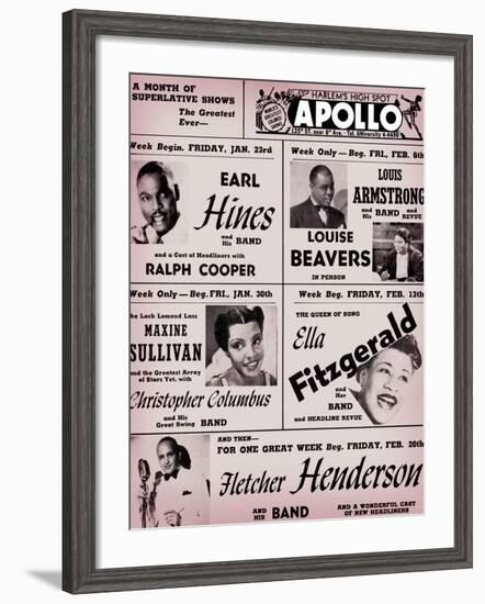 Apollo Theatre: Earl Hines, Louis Armstrong, Ella Fitzgerald, Fletcher Henderson and More-null-Framed Art Print