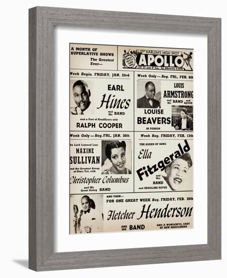 Apollo Theatre: Earl Hines, Louis Armstrong, Ella Fitzgerald, Fletcher Henderson and More-null-Framed Premium Giclee Print