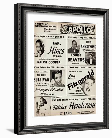 Apollo Theatre: Earl Hines, Louis Armstrong, Ella Fitzgerald, Fletcher Henderson and More-null-Framed Premium Giclee Print