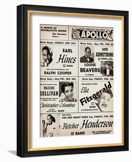 Apollo Theatre: Earl Hines, Louis Armstrong, Ella Fitzgerald, Fletcher Henderson and More-null-Framed Premium Giclee Print