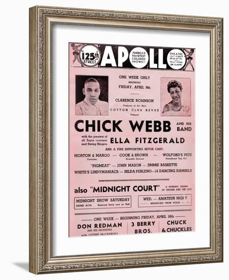 Apollo Theatre  Handbill: Chick Webb, Ella Fitzgerald, Cook and Brown, Wolford's Pets and More-null-Framed Art Print