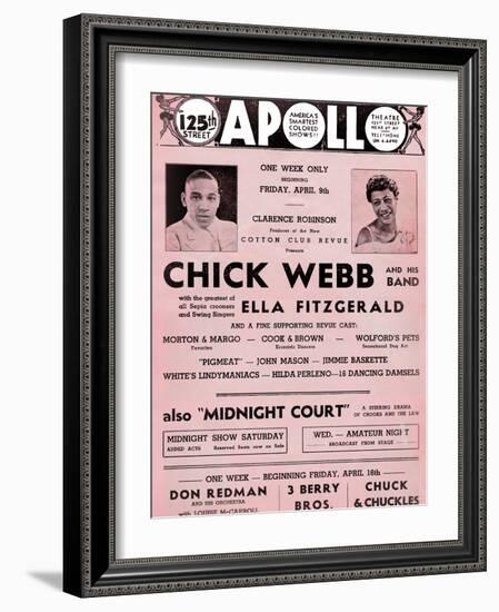 Apollo Theatre  Handbill: Chick Webb, Ella Fitzgerald, Cook and Brown, Wolford's Pets and More-null-Framed Art Print