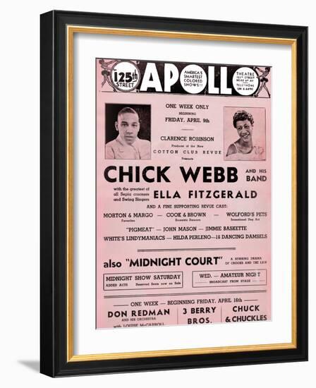 Apollo Theatre  Handbill: Chick Webb, Ella Fitzgerald, Cook and Brown, Wolford's Pets and More-null-Framed Art Print