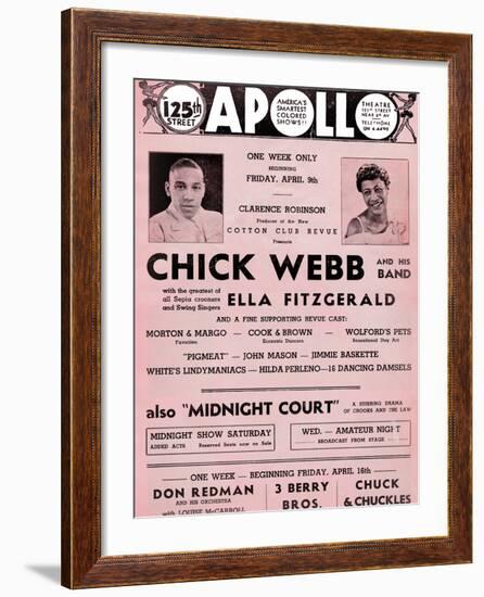 Apollo Theatre  Handbill: Chick Webb, Ella Fitzgerald, Cook and Brown, Wolford's Pets and More-null-Framed Art Print