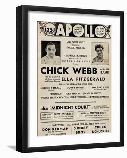 Apollo Theatre  Handbill: Chick Webb, Ella Fitzgerald, Cook and Brown, Wolford's Pets and More-null-Framed Premium Giclee Print