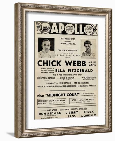 Apollo Theatre  Handbill: Chick Webb, Ella Fitzgerald, Cook and Brown, Wolford's Pets and More--Framed Art Print