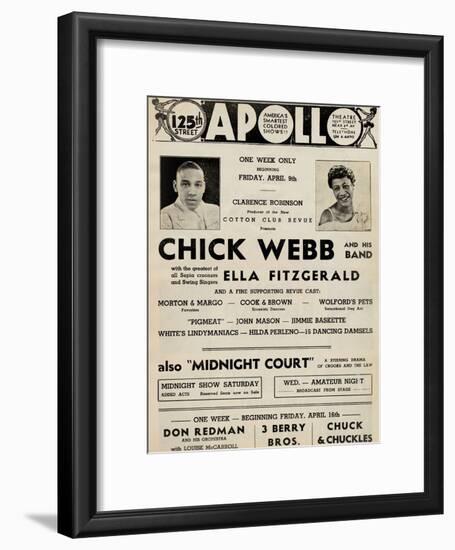 Apollo Theatre  Handbill: Chick Webb, Ella Fitzgerald, Cook and Brown, Wolford's Pets and More-null-Framed Art Print