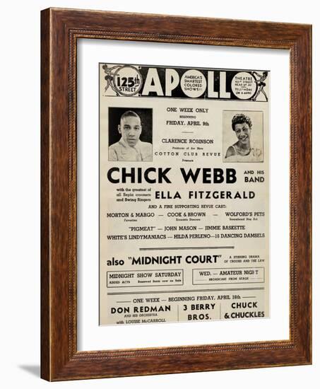 Apollo Theatre  Handbill: Chick Webb, Ella Fitzgerald, Cook and Brown, Wolford's Pets and More-null-Framed Art Print