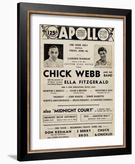 Apollo Theatre  Handbill: Chick Webb, Ella Fitzgerald, Cook and Brown, Wolford's Pets and More-null-Framed Art Print