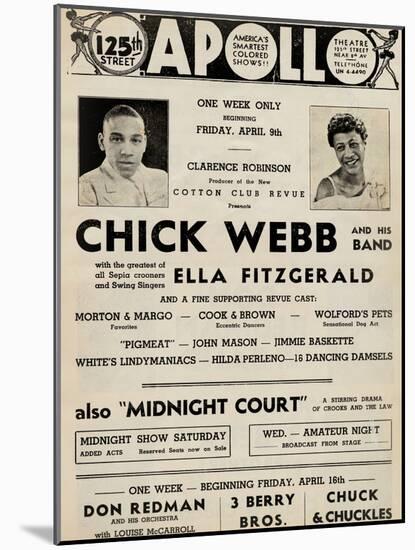 Apollo Theatre  Handbill: Chick Webb, Ella Fitzgerald, Cook and Brown, Wolford's Pets and More-null-Mounted Art Print