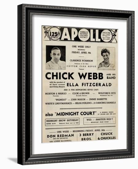 Apollo Theatre  Handbill: Chick Webb, Ella Fitzgerald, Cook and Brown, Wolford's Pets and More-null-Framed Art Print