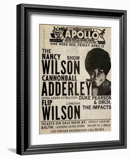 Apollo Theatre: Nancy Wilson, Cannonball Adderley, Duke Pearson, Flip Wilson, and The Impacts; 1968-null-Framed Art Print